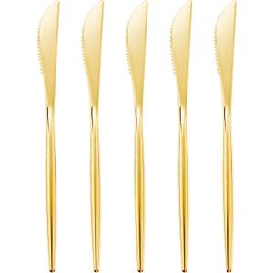 U-QE 180Pcs Gold Plastic Knives, Disposable Heavy Duty Plastic Silverware, Heavyweight Knives, Gold Flatware Perfect For Parties, Weddings and Everyday Use