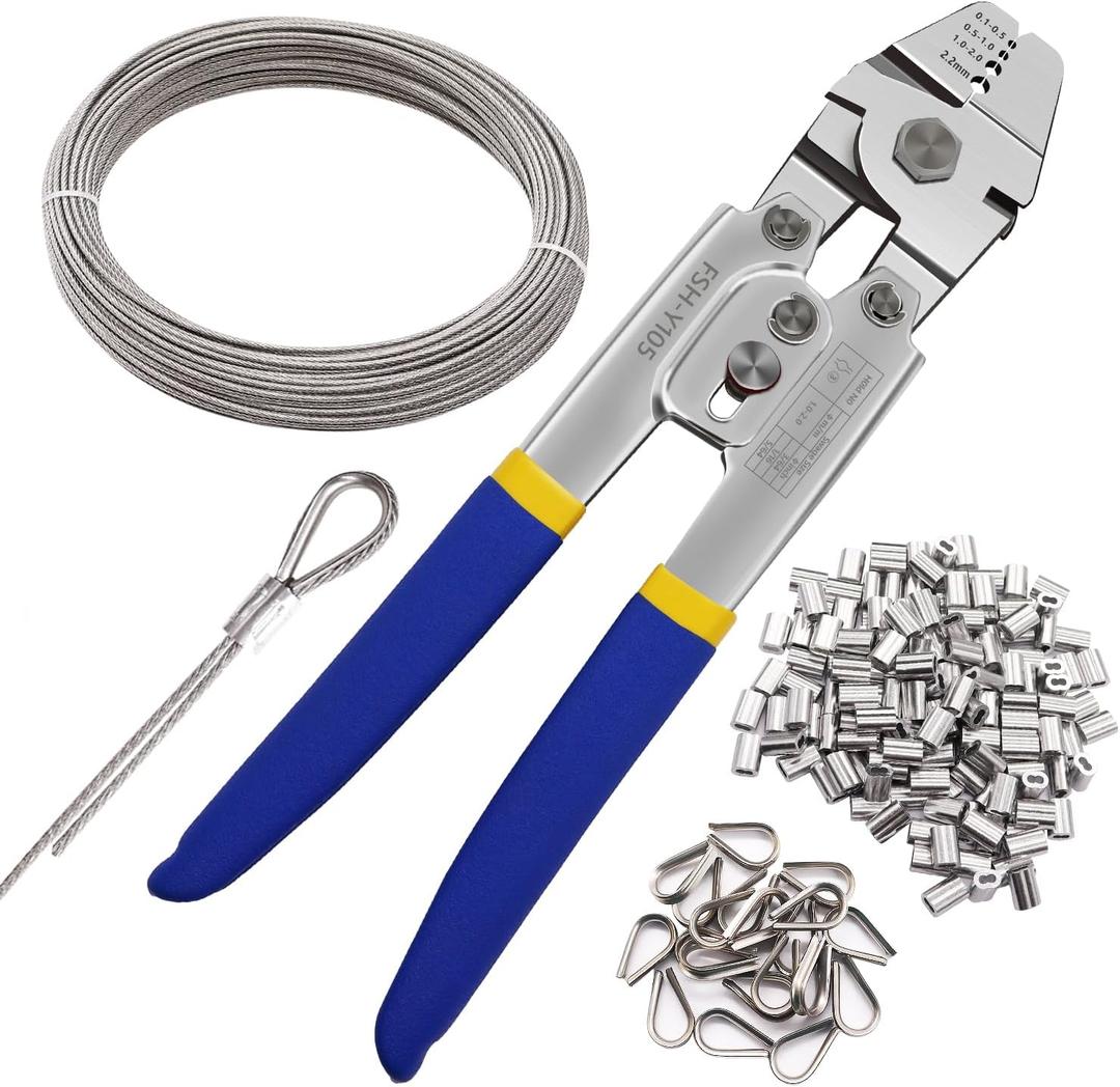 mankk Wire Rope Crimping Tool Kits Crimping Swaging Tool Cable Crimps Up to 2.2mm(2/32") with 160Pcs 1/16" Aluminum Crimping Loop Sleeves 66ft 304 Wire Rope and 1/16'' Stainless Steel Thimble M-110