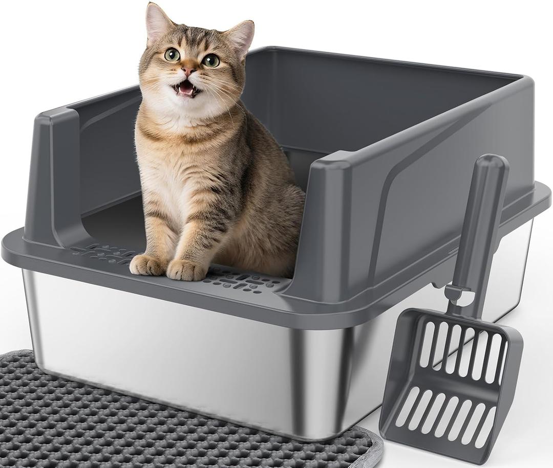 FURTIME Stainless Steel Cat Litter Box with Lid, Metal Kitty Litter Box for Small Cats, Kitten Litter Boxs with Scoop and Mat, Non-Sticky, Anti-Leakage, Easy to Clean, 17"x13"x8.4" (Small) (Grey)