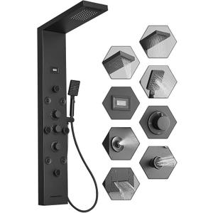 Stainless Steel Shower Panel Tower System Rain Massage System 6 IN 1 Body Spray Jets Shower Wall Panels Rainfall Waterfall Shower Head Tub Spout with Temperature Display,Matte Black