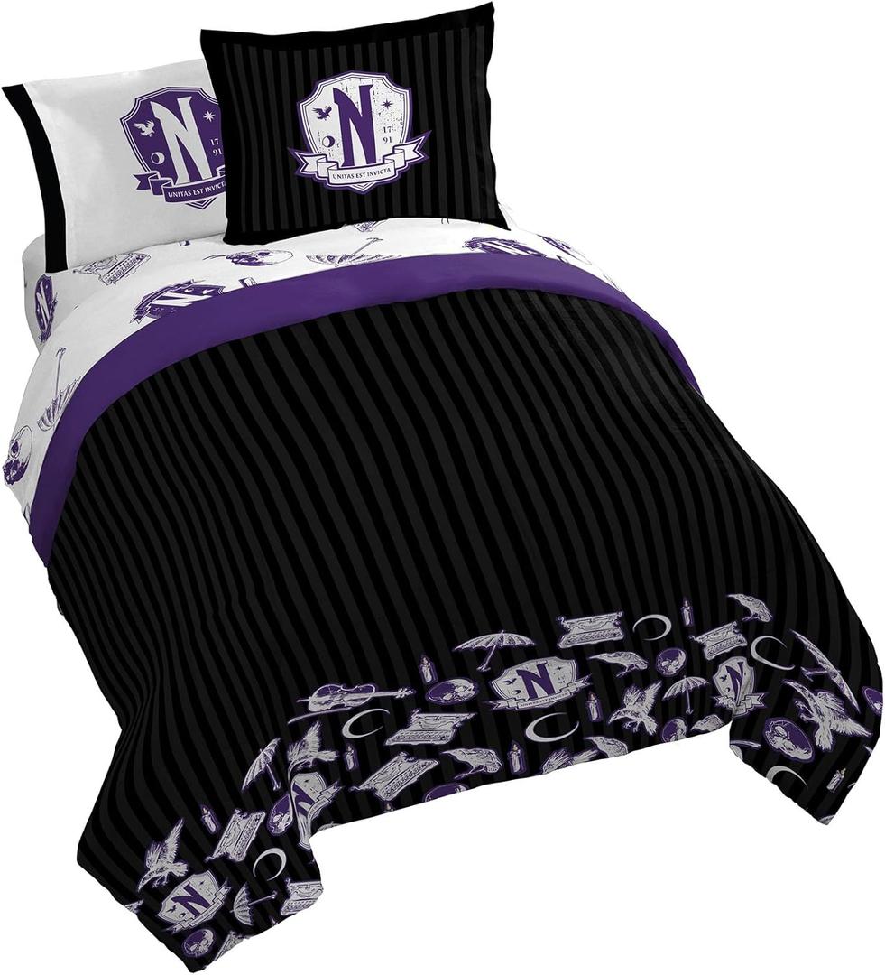 Jay Franco Wednesday Addams Queen Comforter Set - 7 Piece Bedding Includes Sheet Set & Pillow Covers - Black and Grey Stripes Super Soft Kids Bedding