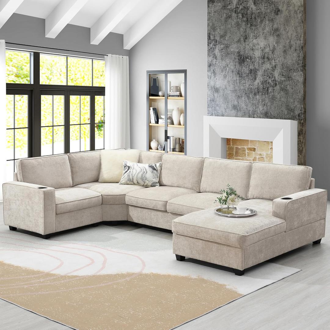 Merax Modern Oversized U-Shaped Sectional Sofa with Cup Holders & Chaise Lounge, Chenille 6-Seat Couch Set Sleeper Bed with Deep Seat Beige, 119 L
