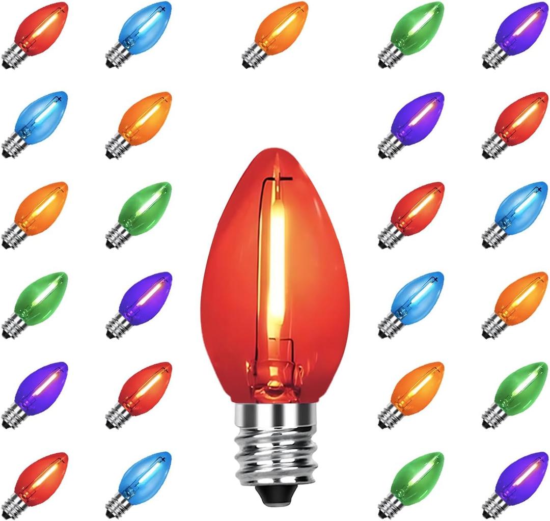 C7 Replacement Bulbs, 25 Pack Multicolor LED Christmas Light Bulbs, E12 Candelabra Base for Indoor/Outdoor String Lights, Xmas Tree, Patio, Holiday Party Decor