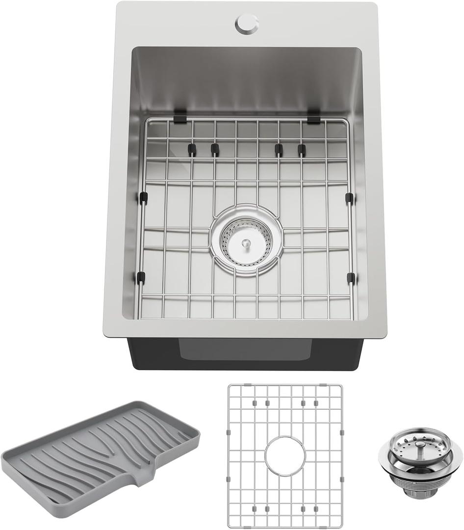 Small Kitchen Sink,15x20 Inch Bar Sink Stainless Steel Drop In Small Kitchen Sink Ideal Choice For Small Space Nice As Toprmount Prep Sink,RV Kitchen Sink With Bottom Grid,Soap Mat And Drain Assembly, 15x20x9 inches