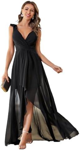 MIMIFINA Women's Elegant V Neck Pleat Sleeveless Chiffon Ruffled Straps High-Low Hem Party Maxi Formal Dress, Size XL