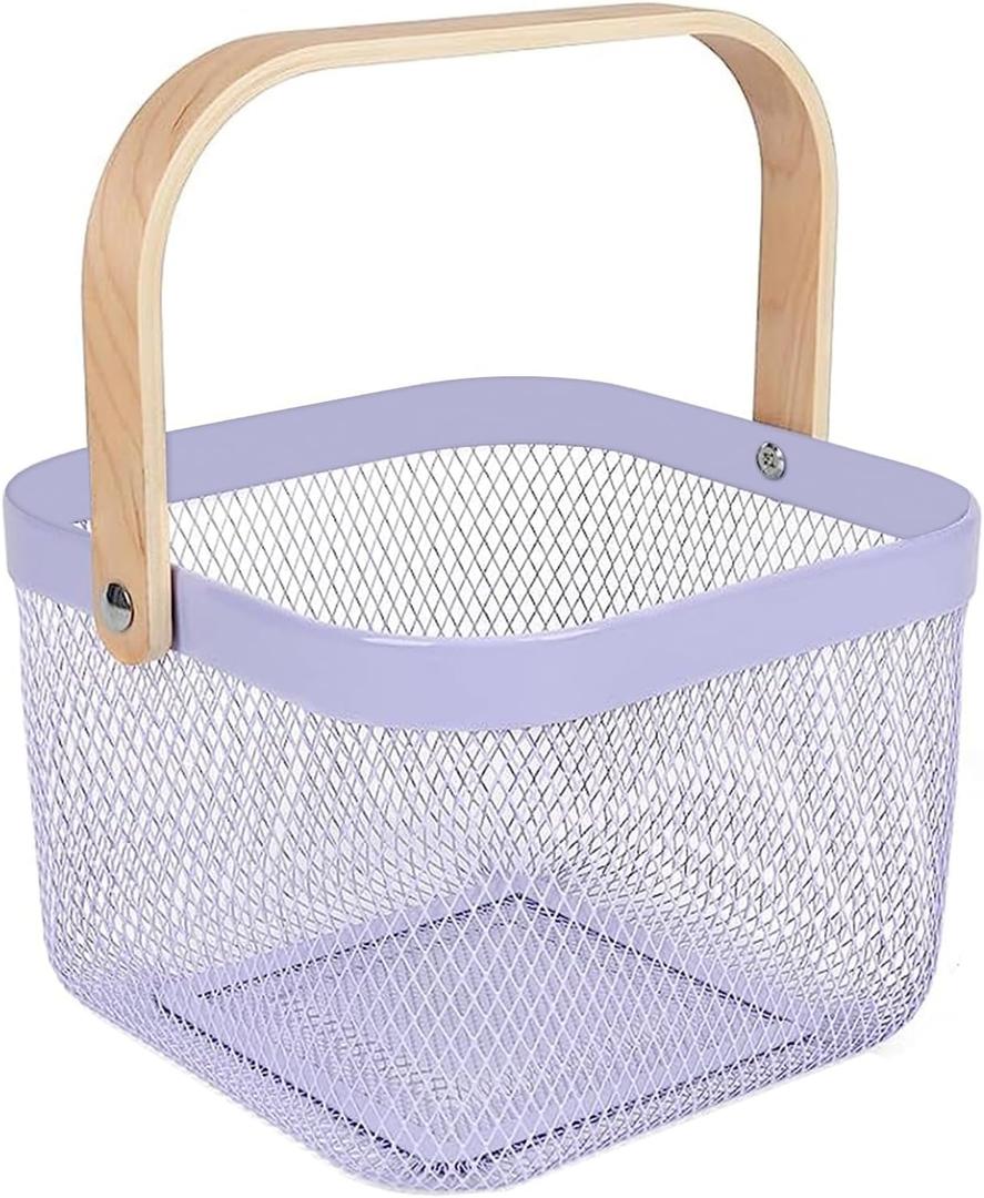 AJIODA Metal Mesh Steel Basket, Storage Organizer Basket Multi-functional Hanging Kitchen Baskets Fruit Basket Bin with Bamboo Handle for Kitchen Bathroom Picnic Shopping Decor Cabinet Home, Purple