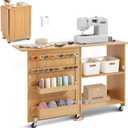 VEVOR Folding Sewing Table, Multipurpose Sewing Machine Table with Compact Design, Wheels, Shelves, Storage Trays, Wooden Pegs, and Magnetic Doors, Sewing Desk Cabinet for Sewing Machine, Wood Color