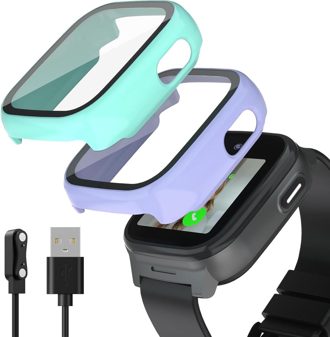SimpleThings Compatible with Cosmo JrTrack 5 Screen Protector, Hard PC Case with HD Clear Tempered Glass Screen Protector for Cosmo JrTrack 5 Watch for Kids Boys Girls (Teal+Purple)