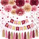Pink Burgundy Decorations Kit - Tissue Paper Pom Poms, Happy Birthday Banner, Paper Tassel, Circle Garland & Hanging Swirl Party Decoration