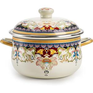 Retro Flower Enamel Stockpot with Lid,Stockpots for Cooking (Ivory-2.5QT)