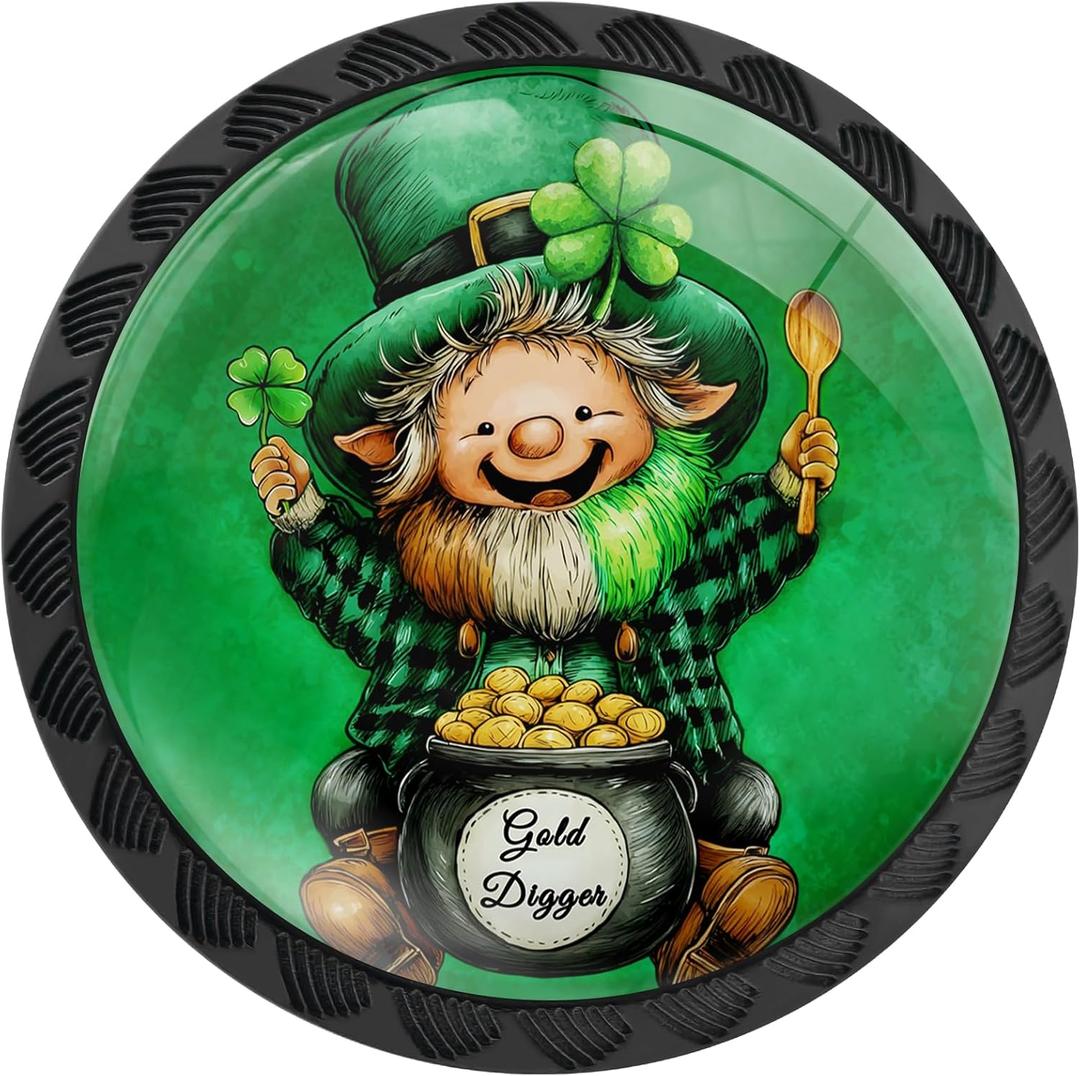 2 x 4 Pack St. Patricks Day Leprechaun with Gold Digger Pot Cabinet Knobs Round Drawer Pulls Black Dresser Knob Cupboard Door Handles Hardware for Kitchen Bathroom Cabinets
