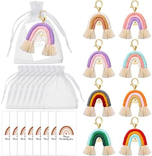 Nosiny Mini Rainbow Macrame Keychains Rainbow Party Favors Organza Bags Thank You Tags for Birthday Bridal Baby Shower Wedding Guest Gifts Bohemian Hippie Party Supplies (8 Set)