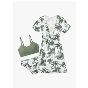 KANGKANG Girls Swimsuit 3 Piece Tropical Print Bikini Set V-Neck Bathing Suit with Drawstring Cover Up Girls' Swimwear 9-10Y
