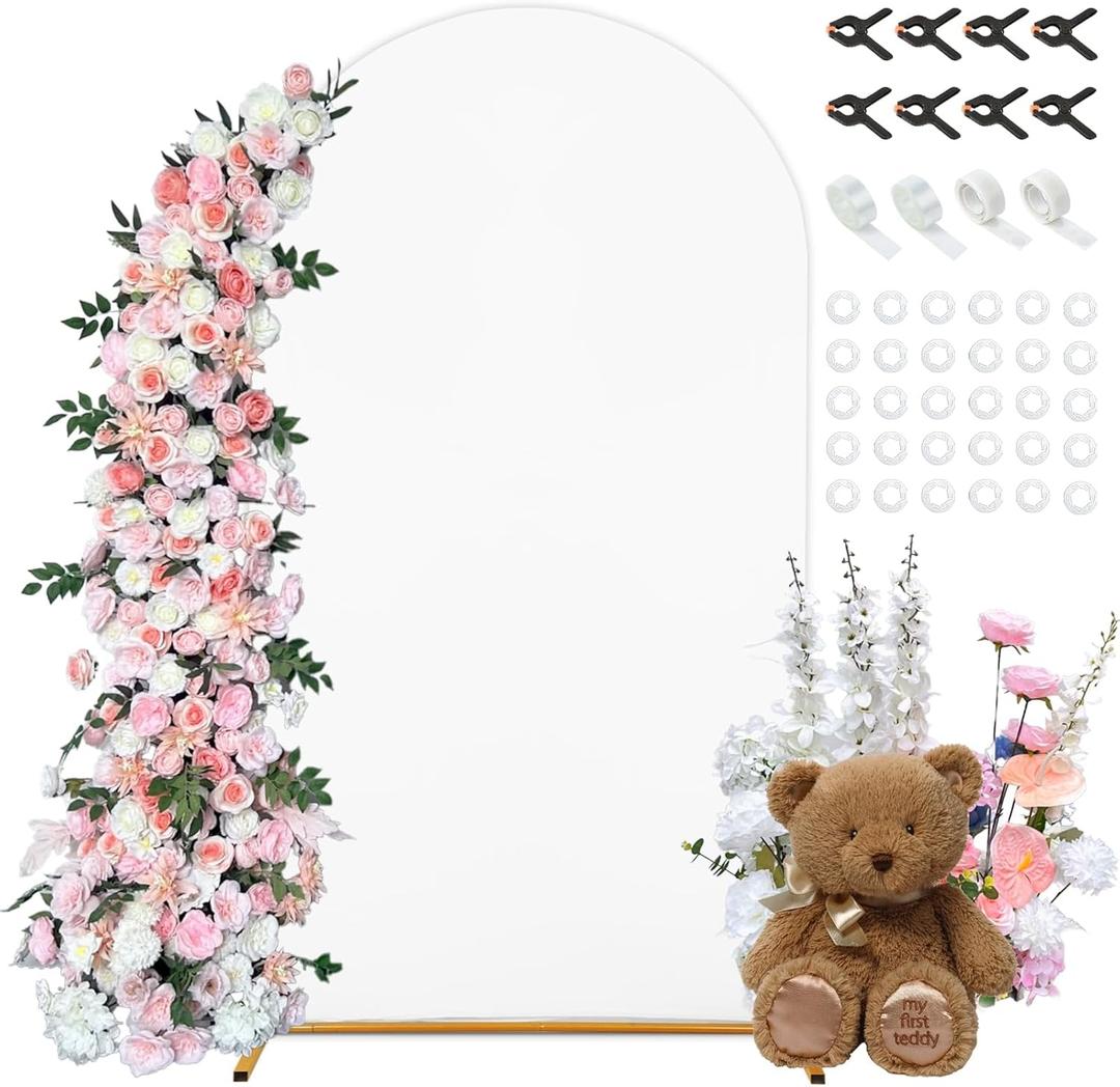 7.2 FT Arch Backdrop Cover, White Spandex Round Top Metal Arch Backdrop Stand Cover with Balloon Tie Tool for Wedding Ceremony Baby Shower Gender Reveal Birthday Party Photo Background Decorations