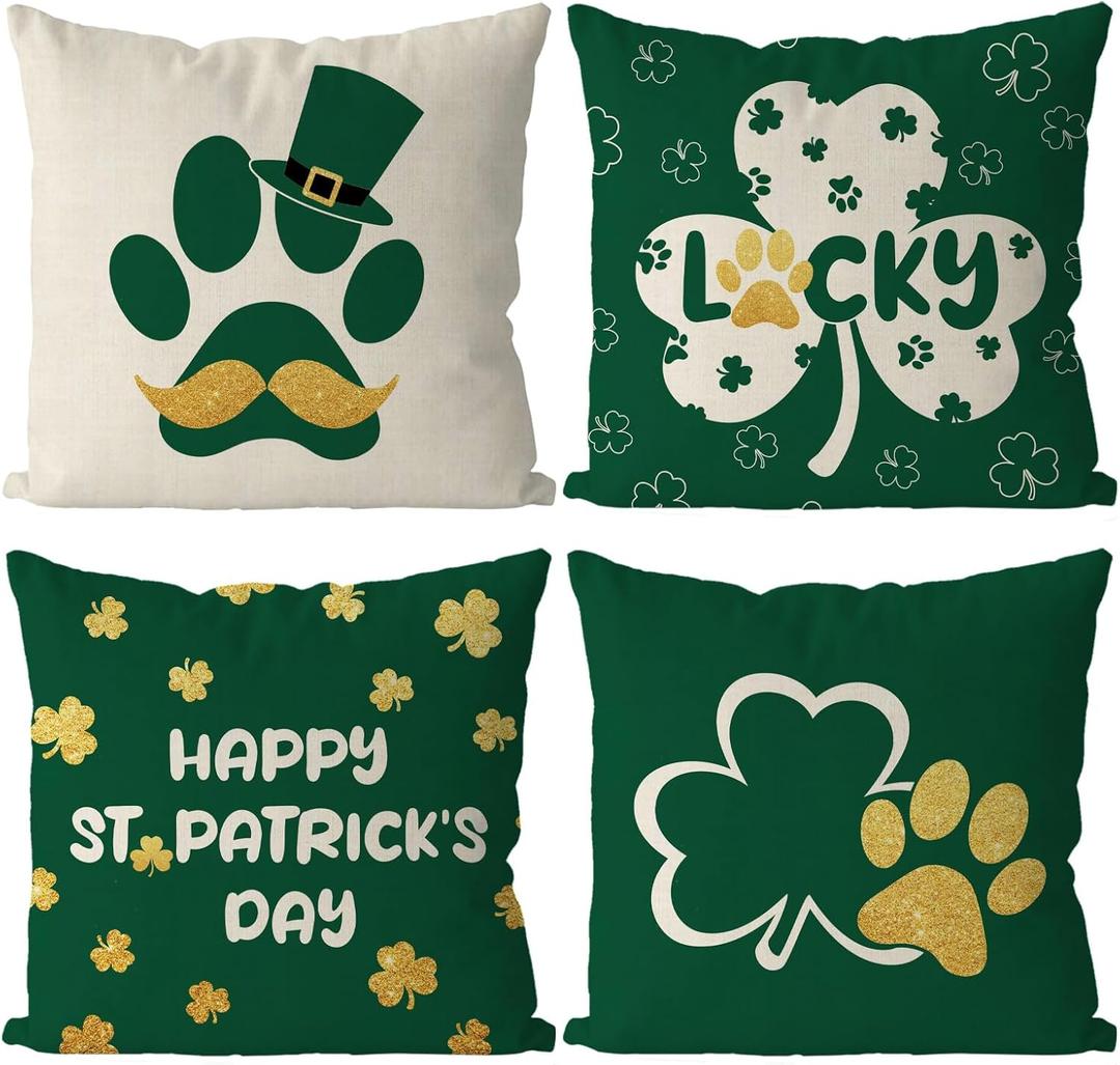 GAGEC St Patricks Day Pillow Covers 18x18 Inch Set of 4 Funny Dog Paws Throw Pillowcase Green Shamrock Home Sofa Pillowcase Happy St. Patrick's Day Farmhouse Decoration Cushion Cases