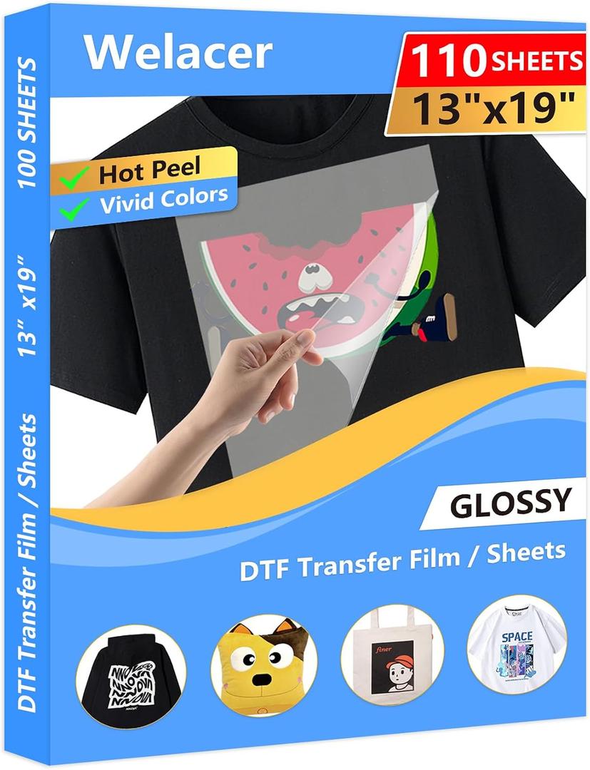 DTF Transfer Film 13"x19" 110 Single-Sided Thick Matte Pretreat Sheets | Hot&Cold Peel,PET Heat Transfer Paper for DTF Inkjet Printers Direct Print on T-Shirts and All Color Fabrics, Wash Durable