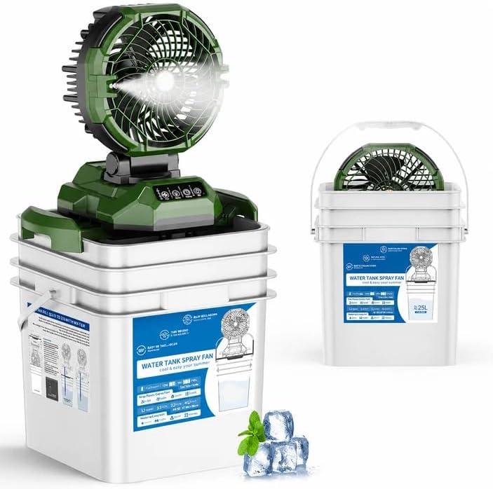 Portable Misting Fan with 25L Bucket,30000mAh Rechargeable Battery Powered,4 Strong Winds&4 Spray Mister, Floor Cooling Fan with Adjustable Base, for Fishing/Outdoor/Camping/Golf/Patios, Large