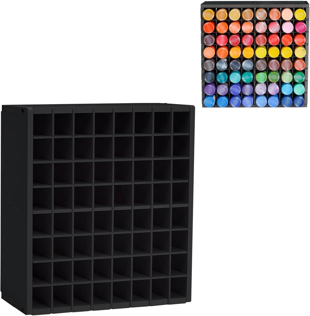 Krafetto 64 Grids Craft Paint Storage Organizer, Wall-mountable Paints Holder, Stackable Paint Bottle Rack Stand for 2oz Acrylic Craft Paints, Black