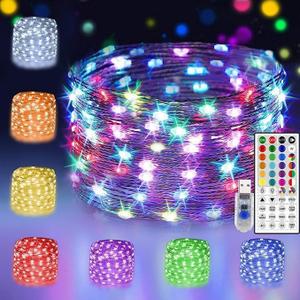 24 Multi Color Changing Fairy Lights USB Powered with Remote Control, 33ft 100 RGB LED Bright Silver Wire Starry String Lights for Christmas Tree, Wedding Party, Indoor, Garden, Bedroom Holiday Dcor