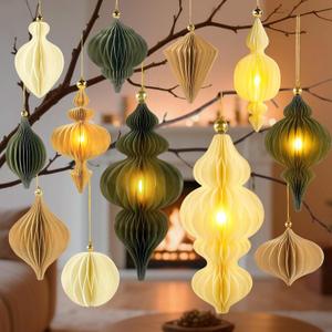 Large Paper Christmas Party Decorations, 12Pcs Honeycomb Paper Hanging Ornaments for Christmas Trees, 3D Neutral Light Up Finial Honeycomb Lantern Ornaments for Xmas Tree Winter Wonderland Party Decor