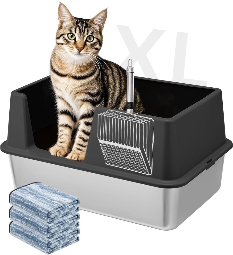 Stainless Steel Litter Box with Lid, 23.5" L x 15.8" W x 12.6" H, XL Metal Cat Box for Big Cats, High Sided Kitty Litter Box with Scoop & Pee Pads, Non-Sticky, Anti-Leakage, Easy to Clean (Black)