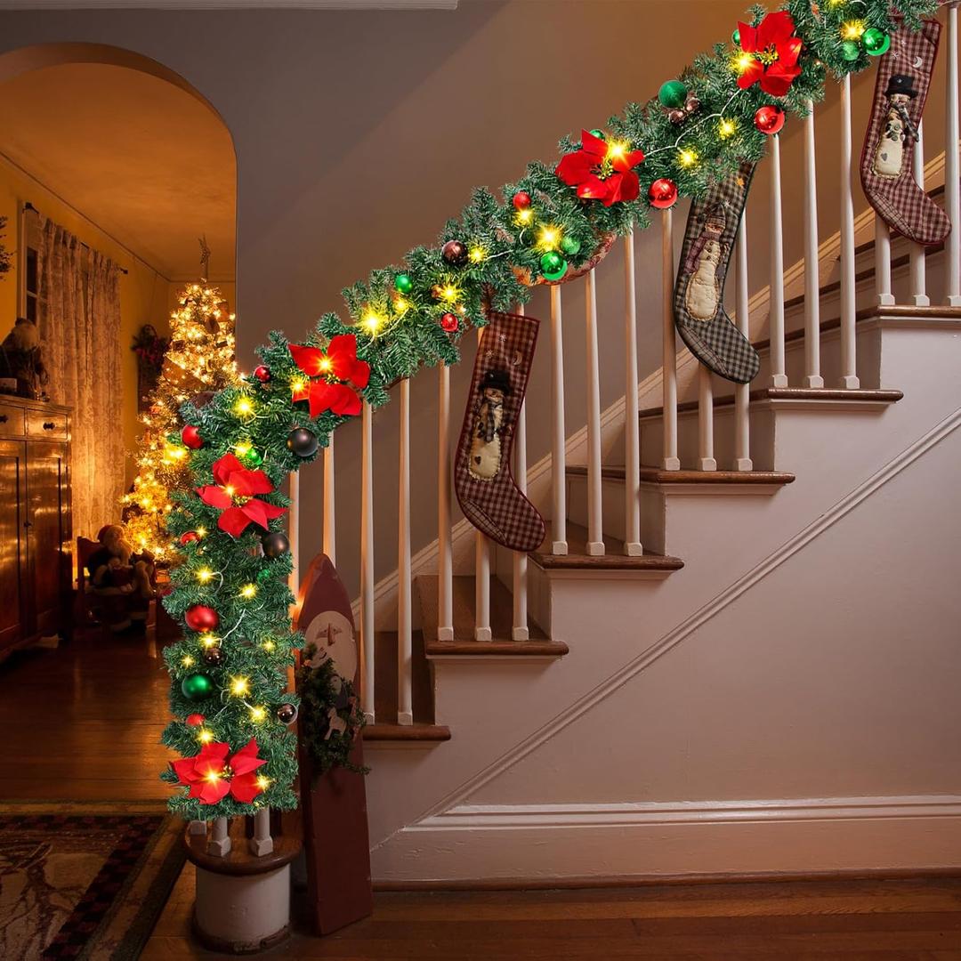 9 ft Christmas Garland with Lights Prelit Christmas Garland with Artificial Flower Cedar Glitter Metallic Ball Ornaments Xmas Garlands for Mantle Stairs Outdoor Decor, Battery Operated