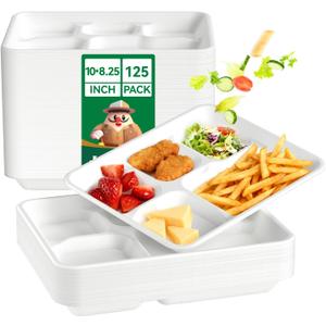 JOLLY CHEF Compostable  Compartment Paper Plates 10*8.25*1  [ ] Small Heavy Duty Divided Disposable White Eco-Friendly Biodegradable Food Tray for School Lunch Dinner Christmas