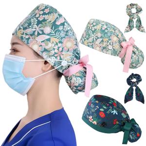2 x Lenporl 2 Pcs Ponytail Scrub Caps Women Long Hair Nurse Scrub Hats with Scrunchies Ribbon Lace-Up Scrub Cap for Women Adjustable Ponytail Pouch Tie Back Hat(Floral Style)
