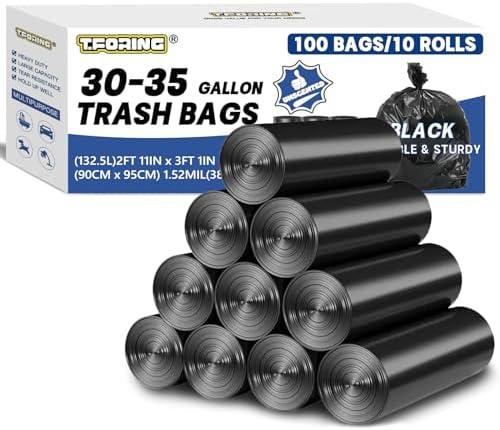T.FORING 30-35 Gallon Trash Bags Heavy Duty 1.5 Mil - 35" x 37" 100 Count Large Black Garbage Bags 30+ Gallon Strong Plastic Trash Can Liners for Home Kitchen Commercial Lawn and Leaf