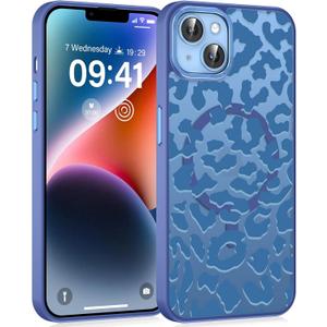 Cute Cheetah Print Phone Case for iPhone 14 / iPhone 13 6.1" Compatible with MagSafe, Aesthetic Navy Blue Leopard Pattern Magnetic Cover Soft TPU Hard PC Back Shockproof Funda for Women Girls