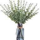 FOTEEWL 17.5" Artificial Eucalyptus Stems in Black Glass Vase with Faux Water, Fake Plant Greenery for Table Decorations Home Office Farmhouse Bathroom Kitchen Wedding Centerpiece Decor