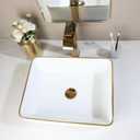 Ceramic White Vessel Sink with Faucet and Drain Combo Rectangle Vessel Sink Modern Above Counter Bathroom Sink Bowl White Body with Gold Trim