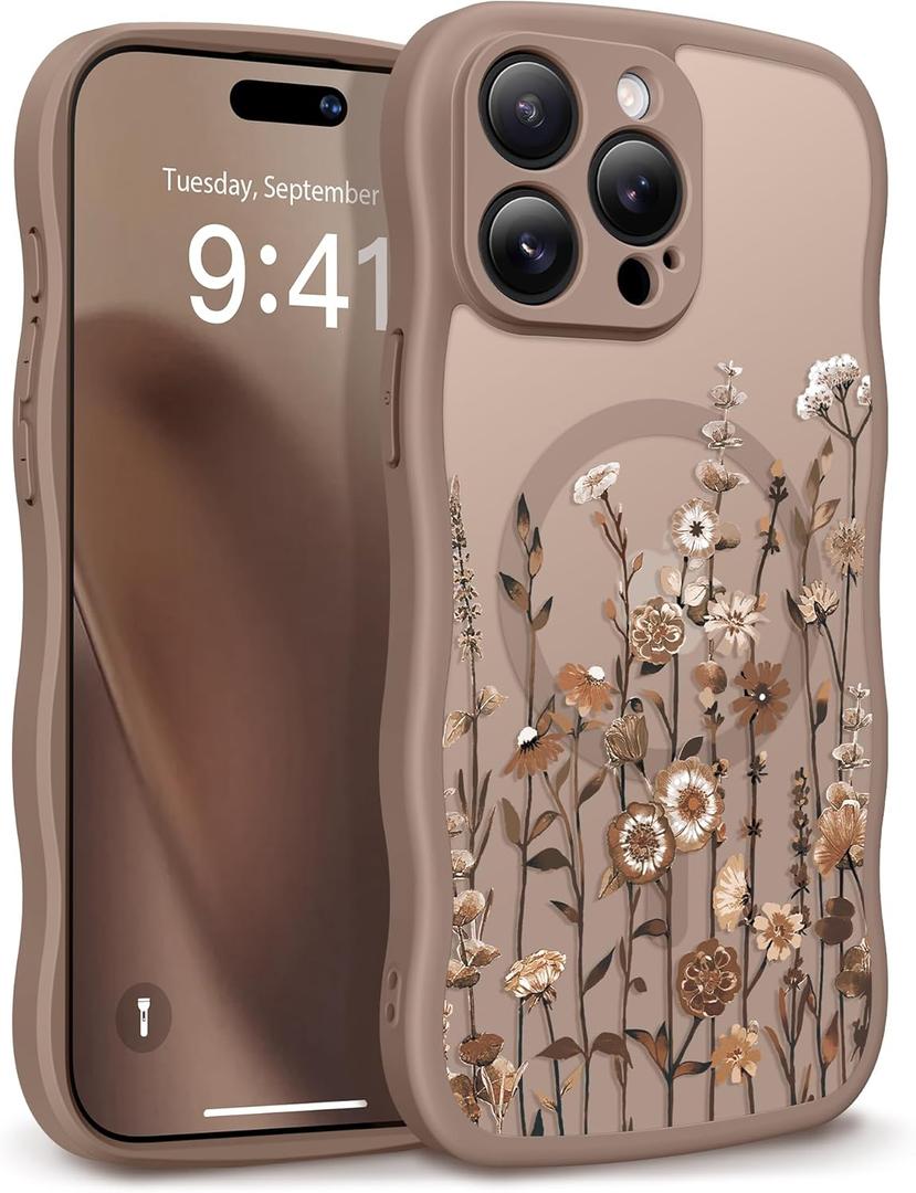 GVIEWIN for iPhone 17 Pro Case Compatible with MagSafe [Curly Wave Edge][Full Camera Protection] Floral Translucent Shockproof Magnetic Women Phone Case for iPhone 17 Pro 6.3'', Floratopia/Brown