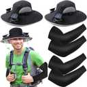 2 Set Wide Brim Solar Fan Hats with 2 Solar Fan and Arm Sleeves Set Outdoor Fishing Bucket Hat for Men Women Hiking (Black)