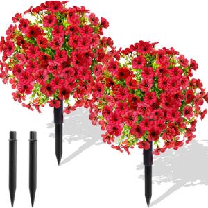 Hotop 2 Pack 22" Artificial Boxwood Ball Topiary Flower Trees with Ground Spike, UV Resistant Weatherproof Faux Floral Shrubs for Outdoor Garden Patio Porch Indoor Home Decor(Rose Red)