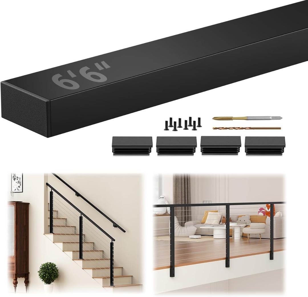 6'6" Stainless Steel T304 Handrail Black, Cuttable Rectangular Handrail Flat Top Rail for Indoor Outdoor Deck Stair Cable Railing System, Black Hand Rail with Plastic End Cap for DIY Balustrade (1 x 6'6")