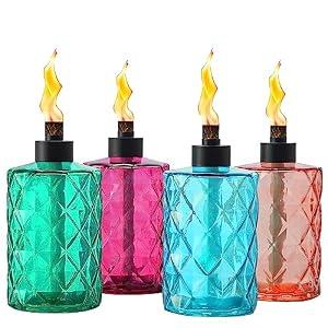 4 Pack Glass Table Top Torches Tesrago, Citronella Torches for Outside, with Wick and Cap, Refillable Flame Light Torch, Decorative Tabletop Lantern for Yard, Patio,Deck,Garden,Outdoor Party,Landscape