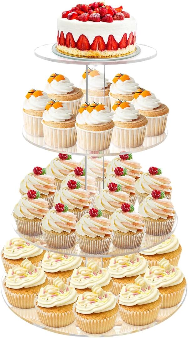 Cupcake Stand, 4 Tier Cupcake Stand for 50 Cupcakes, Round Tiered Cupcake Tower, Clear Acrylic Cupcake Holder, Dessert Stands for Party, Wedding, Birthday, Baby Shower, Halloween