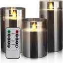 Glass Flameless Candle,Battery Candles Flickering,Battery Operated Candle with Timer Remote, LED Candles Warm Color Flame Light for Festival Wedding Home Decor (Gray)