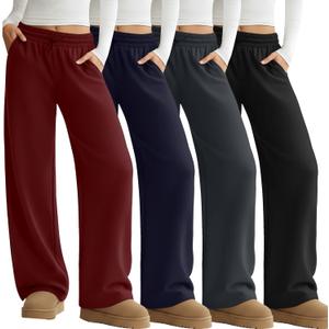 4 Pack Womens Wide Leg Sweatpants Elastic Waist Lounge Baggy Pants Straight Leg Soft Casual Joggers with Pockets (Medium, Black, Dark Gray, Navy Blue, Red)