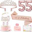 55th Birthday Decorations for Women, 55th Birthday Sash and Crown, Cake Topper, Number Candles and Balloons,, 55 Year Old Gifts for Women