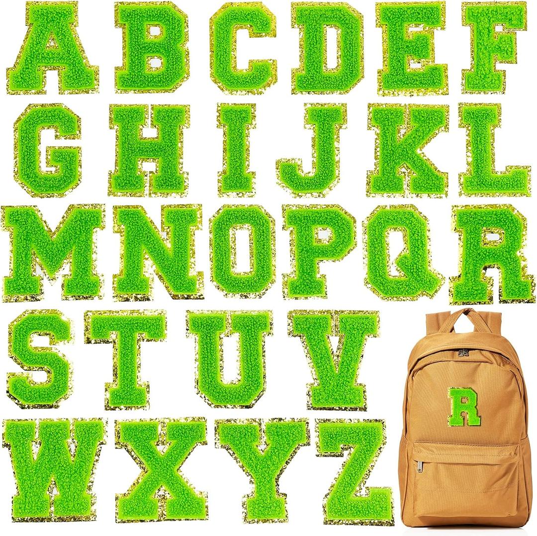 Jongdari Letter Patches Varsity Chenille Iron on Letters Patchs for Clothing English Letter A-Z with Gold Glitters Border, 26pcs Green