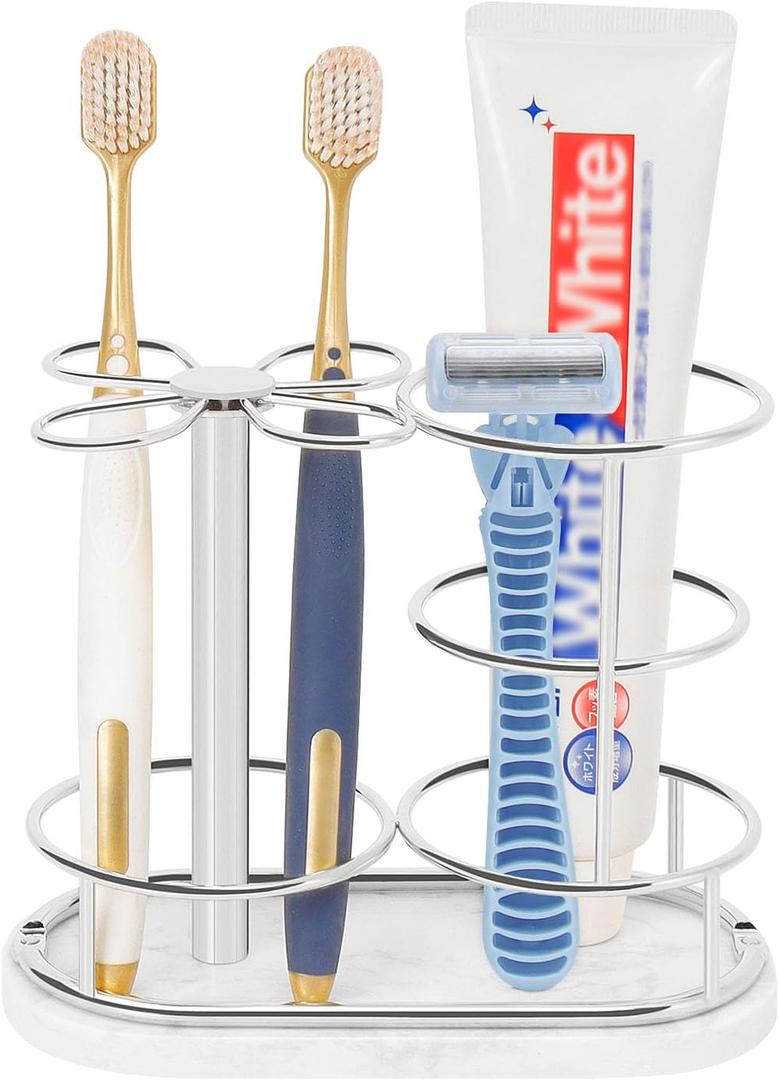 HarJue Toothbrush Holder Stand for Bathroom, Metal Toothbrush Organizer with Marble Base, Toothbrush Storage Collection for Family, Suitable for Home Hotel Countertop Vanity (Medium, Chrome Finish)