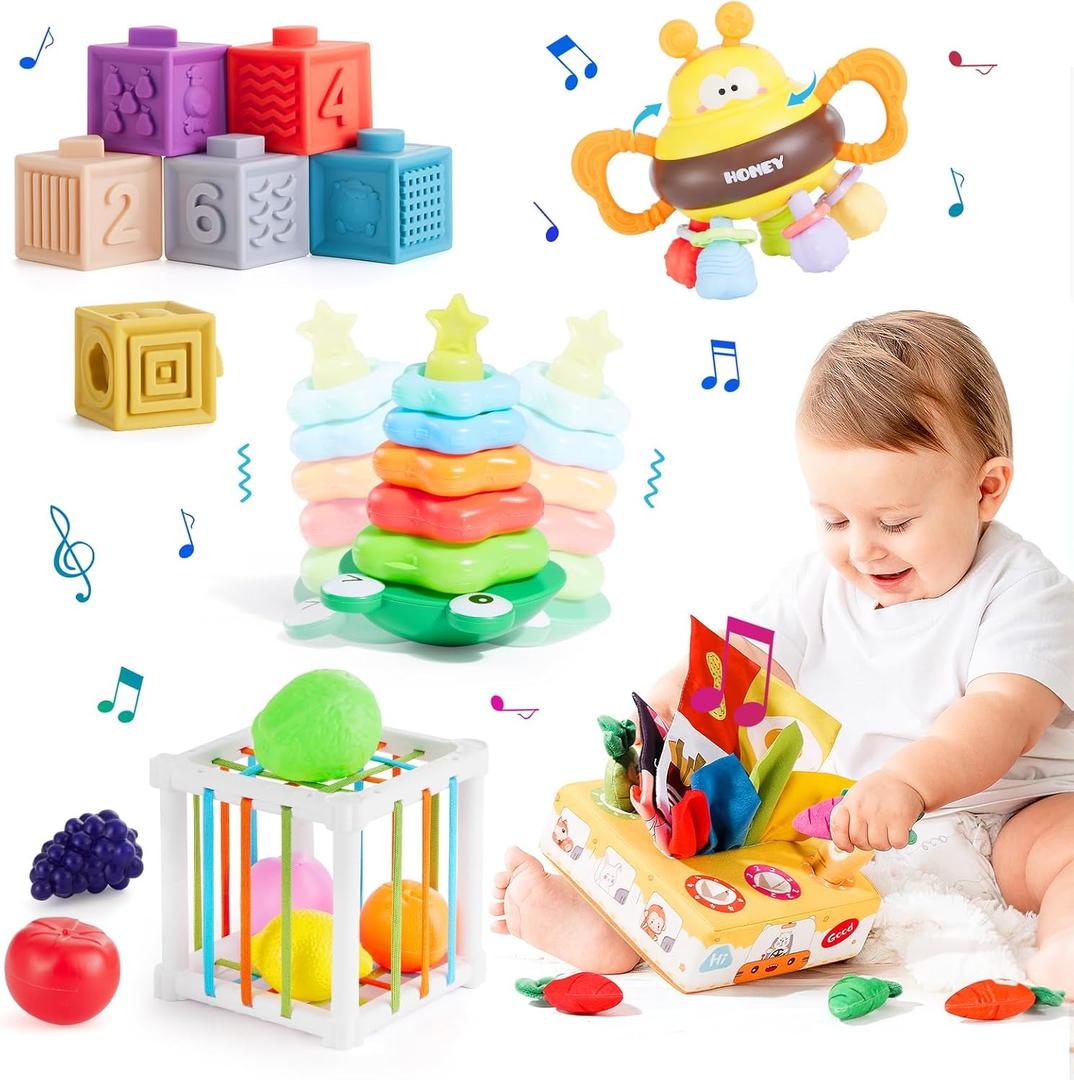 VoMii Montessori Baby Toys for Ages 6-18 Months -Stacking Blocks, Teething Toys, Sensory Shapes Storage Bin, Infant Bath Time Fun, 5 in 1 Educational Learning Set for 1 2 3 Year Old Boys Girls