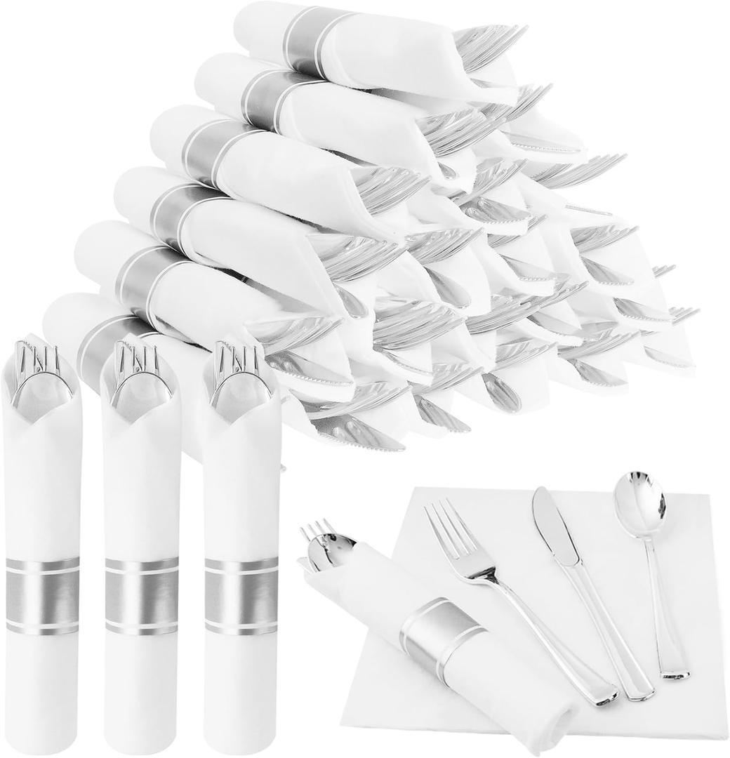 25 Pack Pre Rolled Silver Plastic Silverware, Wrapped Cutlery Set Include Forks, Spoons, Knives & Napkins, Disposable Heavy Duty Silverware Set for Party and Wedding