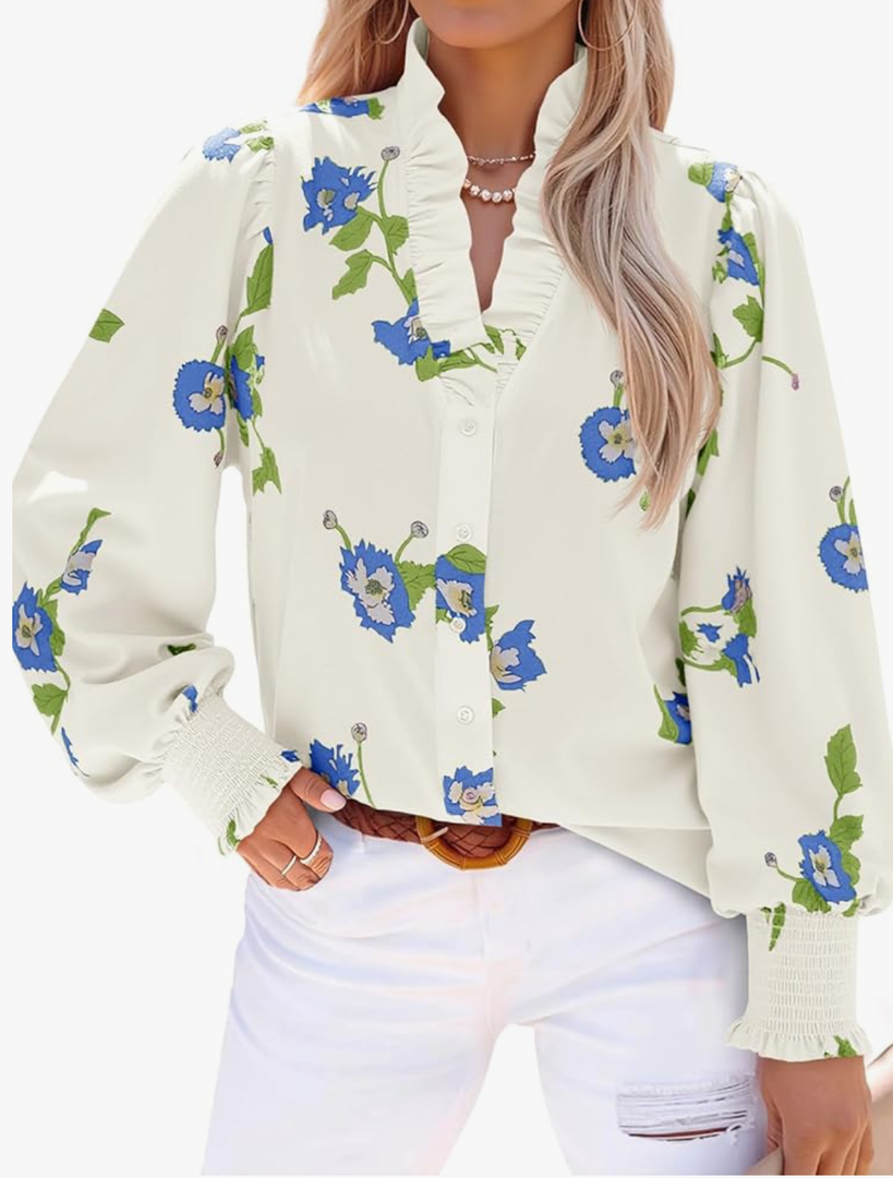 Tankaneo Womens Floral Ruffle Blouses Dressy Casual Long Puff Sleeve Boho Tops V Neck Button Down Shirts White, XL