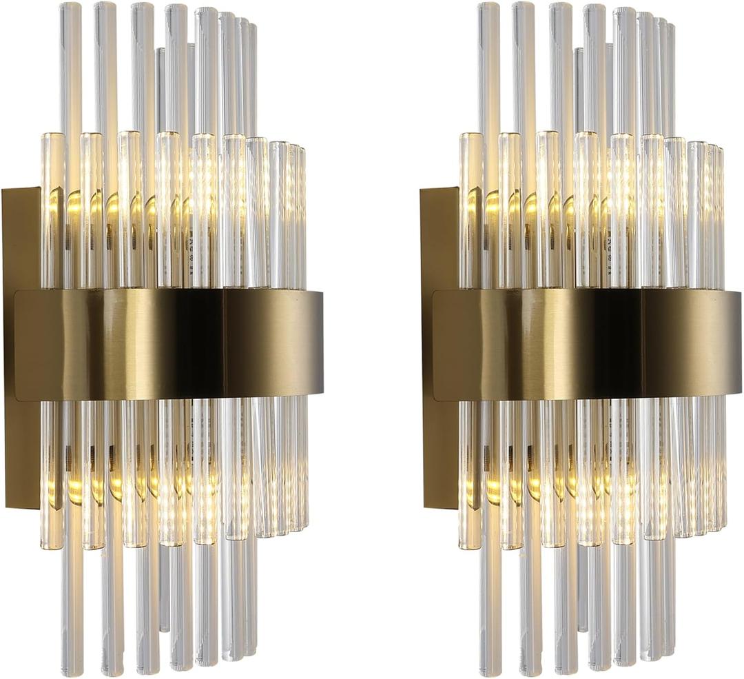 Wall Sconces Set of Two, Gold 2- Light Glass Modern Wall Sconce Light Fixtures, Decorative Wall Lights Suitable for Bathrooms, Foyers, and Corridors (Brass Color 2 Pack)