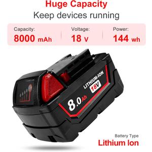 8Ah Replacement Battery for Milwaukee 18V Battery Compatible with Milwaukee 18V Power Tools