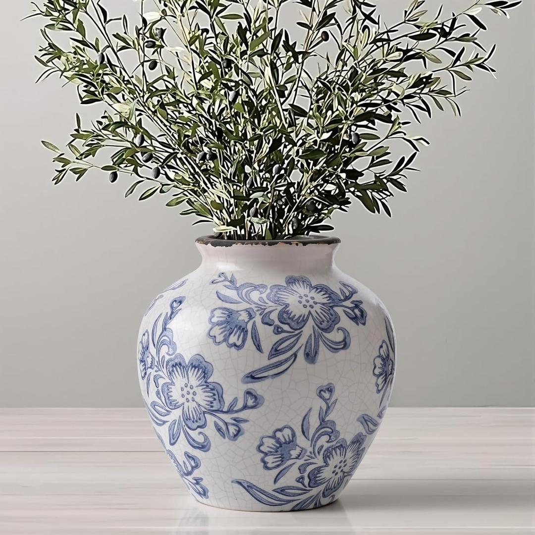 Ceramic Flower Vase Home Decor, 6.2 inch Farmhouse Rustic Vintage Decorative Vases, Pottery Terracotta Boho Flowers Vases for Dining Table, Living Room, Shelf, Kitchen, Bedroom (6.2"-Blue and White)