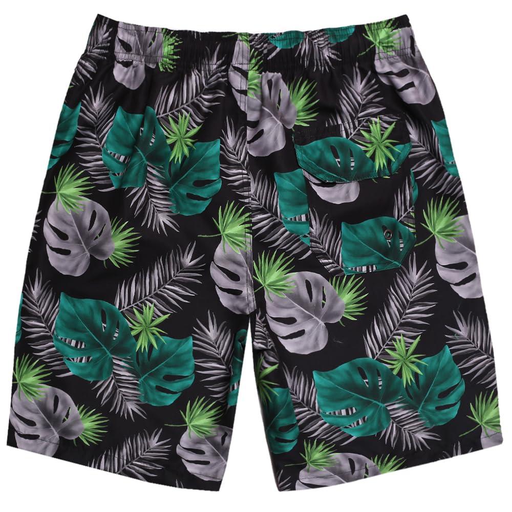 Dminyak Men's Board Shorts 9 Inch Quick Dry Swim Trunks Tropical Green Leaf Print with Mesh Liner for Beach, Pool, Cruise (S)